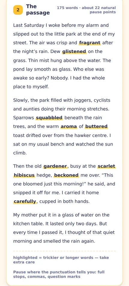 A P6 Oral reading-aloud passage with the trickier words highlighted and the word count and pause points shown.