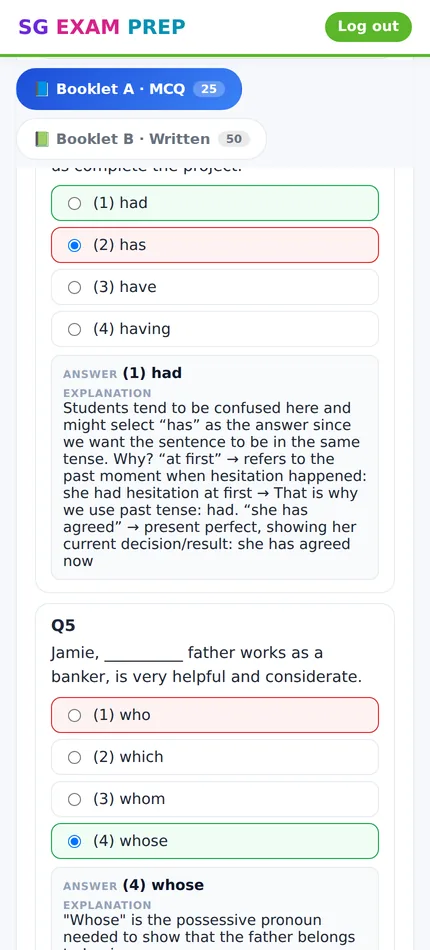 The same English question after marking: the wrong choice outlined in red, the correct one in green, then the answer and a written explanation.