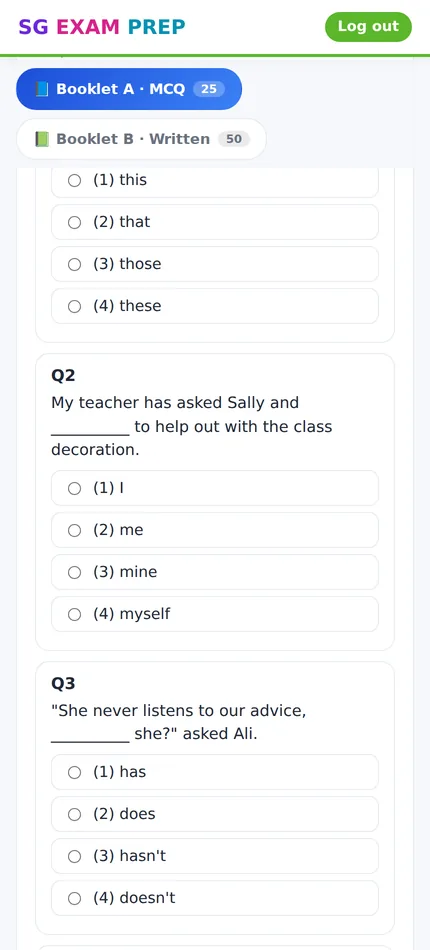 A P6 English grammar question from a Rosyth prelim paper, with four options to choose from.