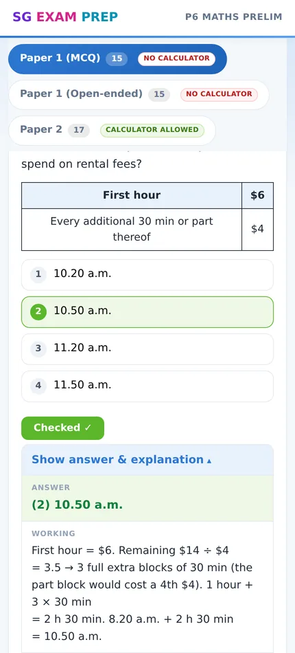The same Maths question marked, showing the answer and a full line-by-line working.